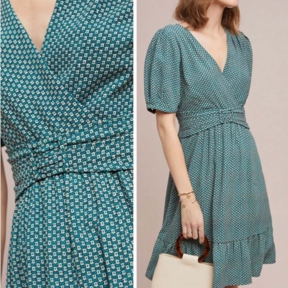 Anthropologie Maeve Womens Martina Belted Dress 4 Green Floral Dot Print V Neck